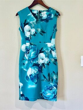 Calvin Klein Teal Floral Midi scuba Sheath Dress sleeveless design size 6